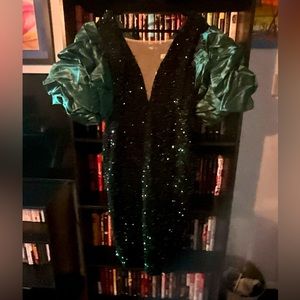 Green sequins party, puff sleeve cocktail, plus size mini dress